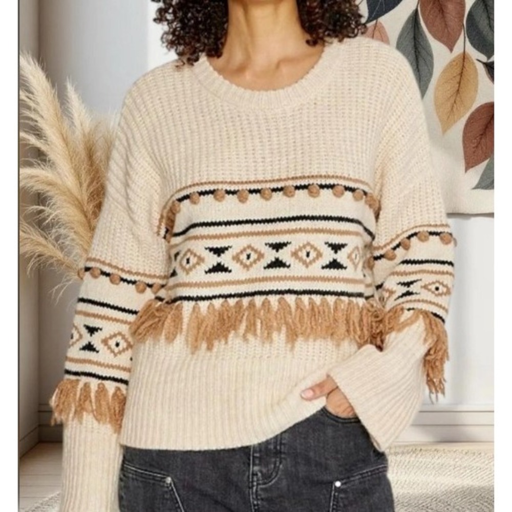 Driftwood Womens XL Beige Chunky Knit Fringe Sweater Aztec Western Boho NWT